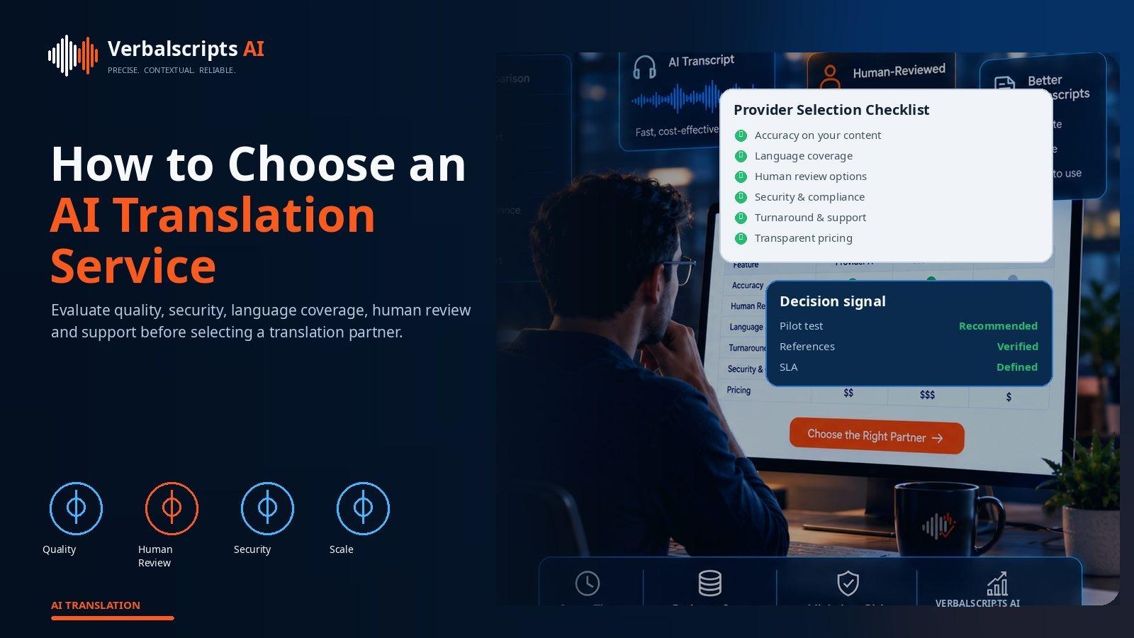 Enterprise buyer comparison dashboard evaluating AI translation providers on quality, languages, security, review and API capability