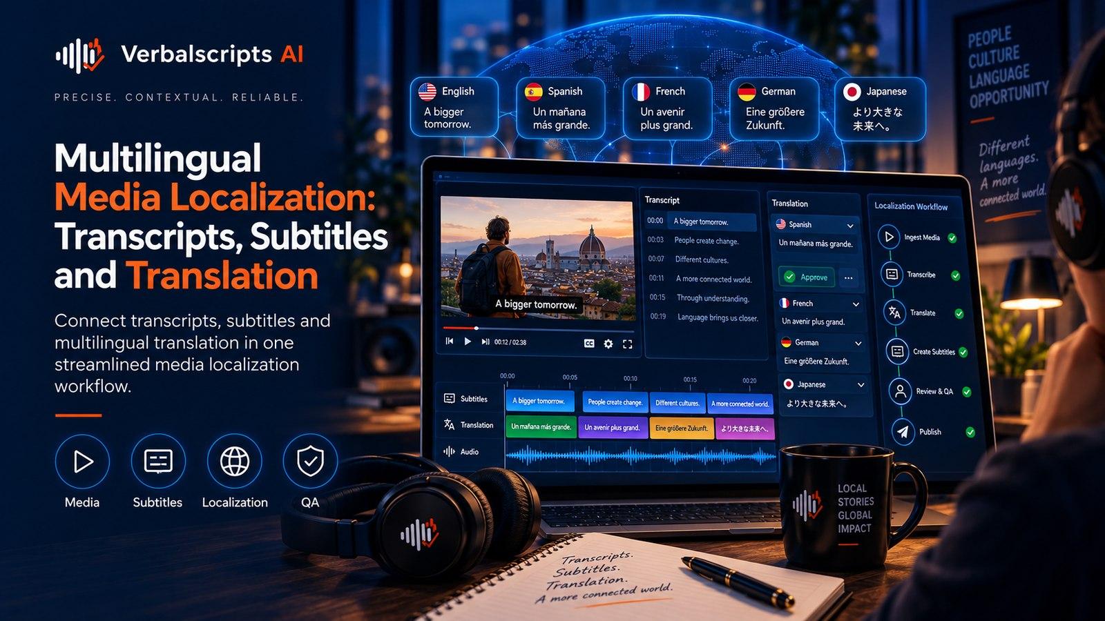 Multilingual Media Localization: Transcripts, Subtitles and Translation - Verbalscripts AI workflow illustration