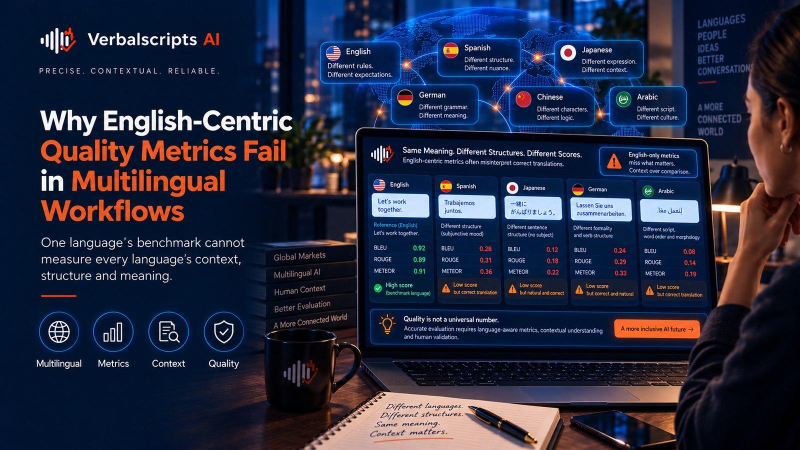 Why English-Centric Quality Metrics Fail in Multilingual Workflows - Verbalscripts AI workflow illustration