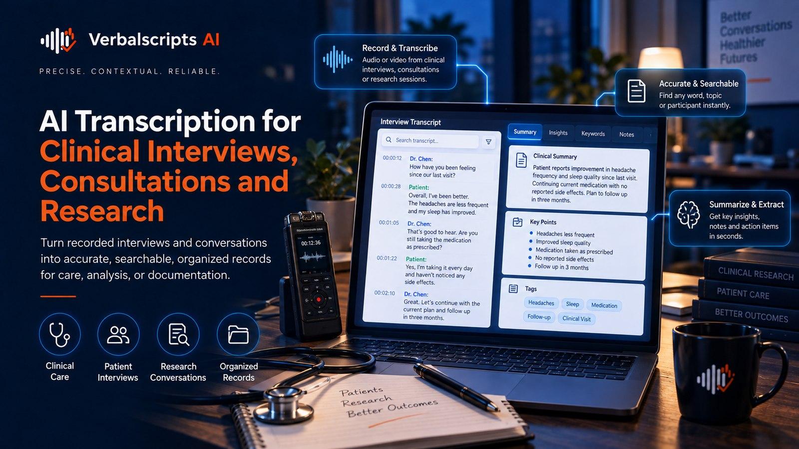 AI Transcription for Clinical Interviews, Consultations and Research - Verbalscripts AI workflow illustration