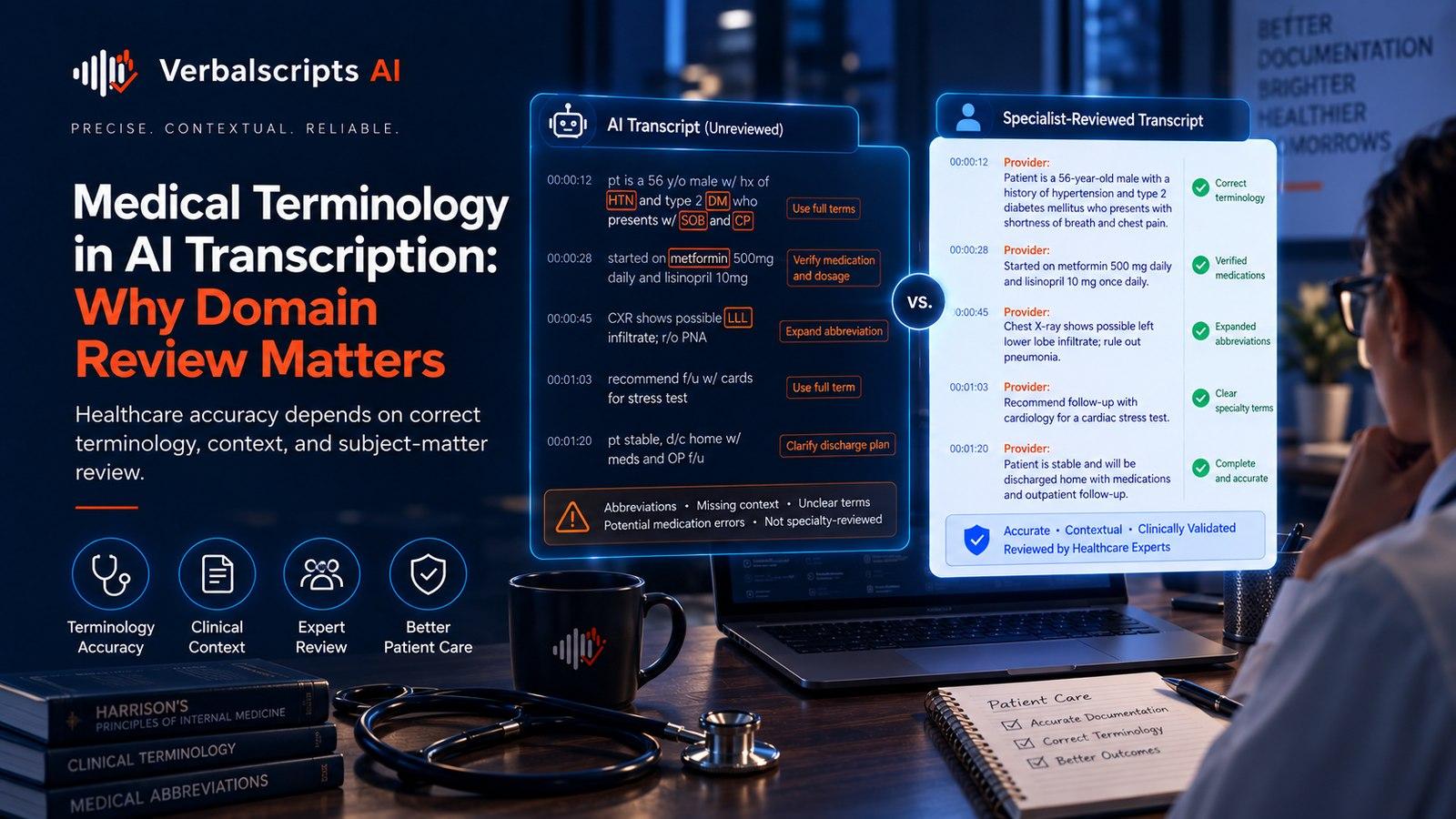 Medical Terminology in AI Transcription: Why Domain Review Matters - Verbalscripts AI workflow illustration
