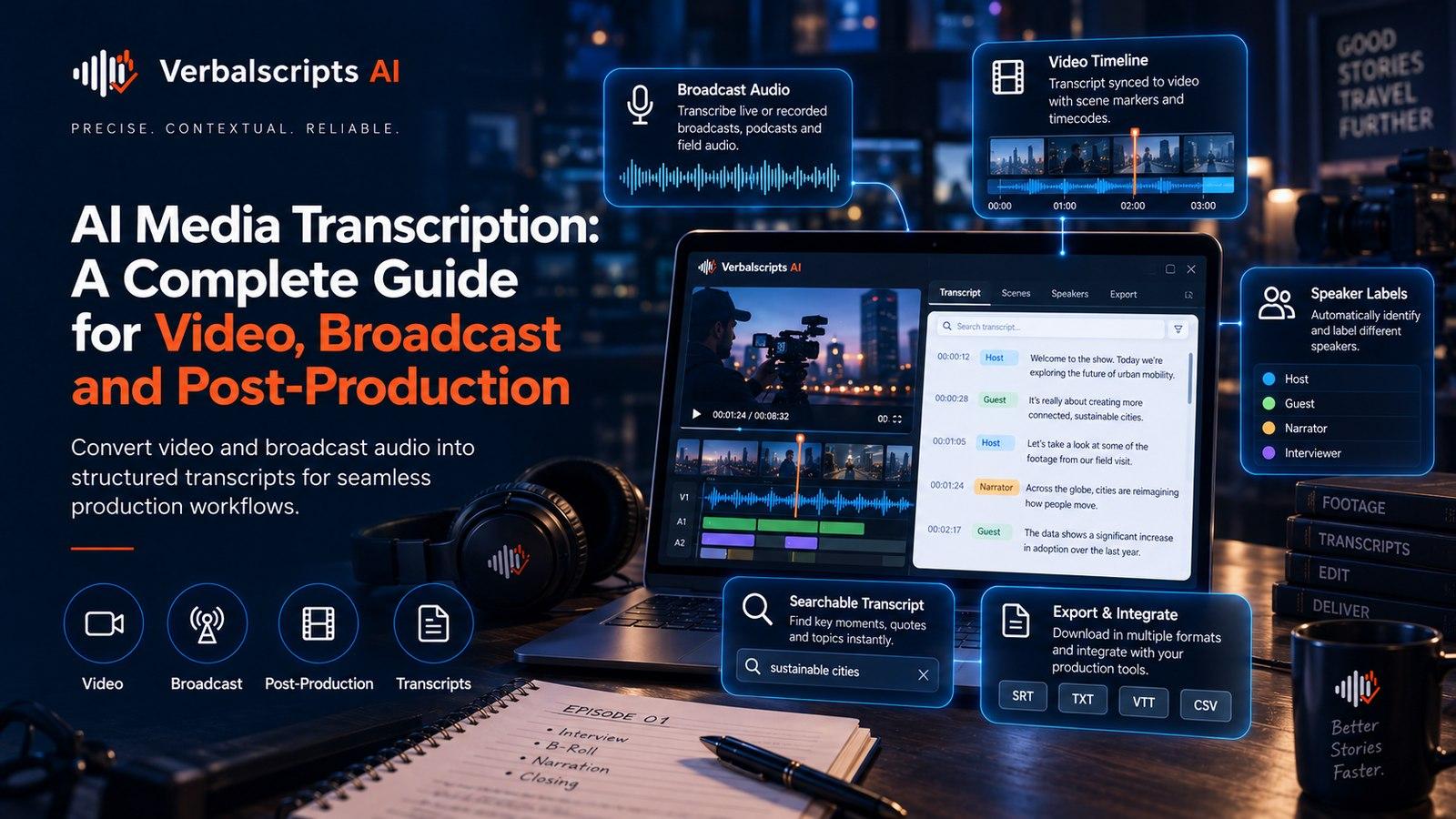 AI Media Transcription: A Complete Guide for Video, Broadcast and Post-Production - Verbalscripts AI workflow illustration