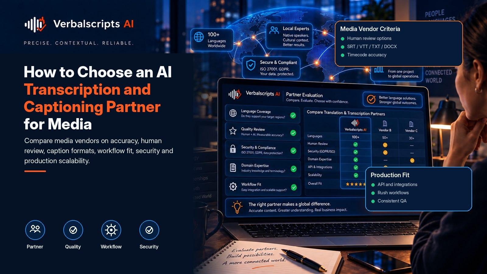 How to Choose an AI Transcription and Captioning Partner for Media - Verbalscripts AI workflow illustration