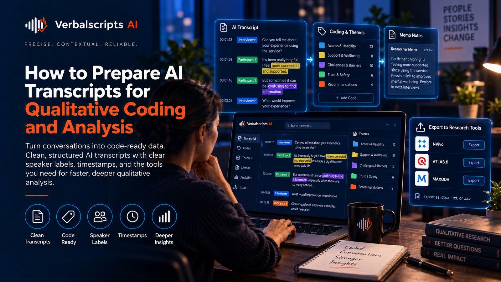 Premium editorial illustration representing ai focus group transcription with structured language data and quality review