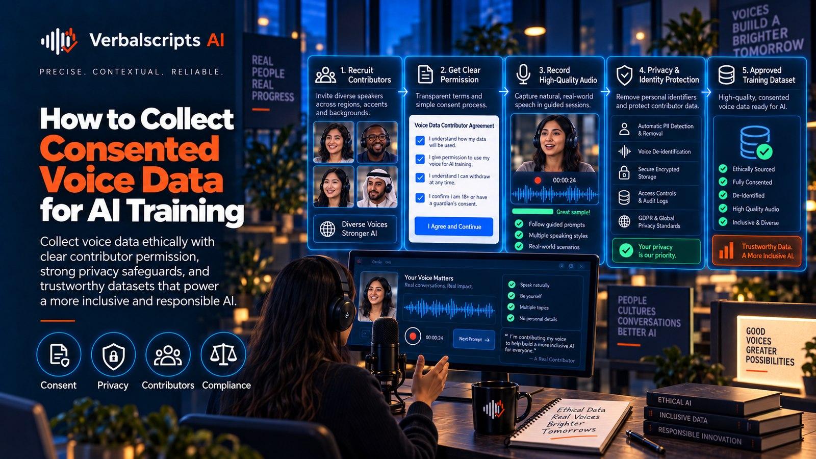 Premium editorial illustration representing how to collect consented voice data for ai training with structured language data and quality review