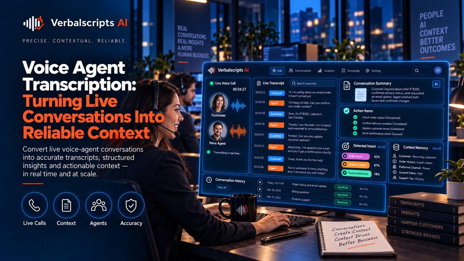 Premium editorial illustration representing voice agent transcription with structured language data and quality review