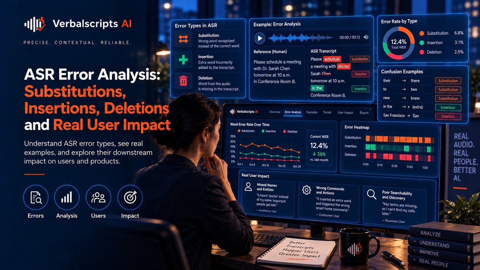 Premium editorial illustration representing asr error analysis with structured language data and quality review