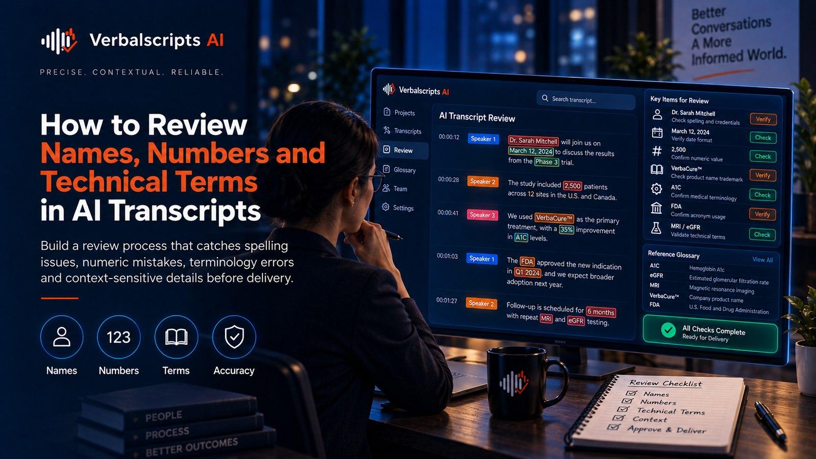 Premium editorial illustration representing how to review names, numbers and technical terms in ai transcripts with structured language data and quality review