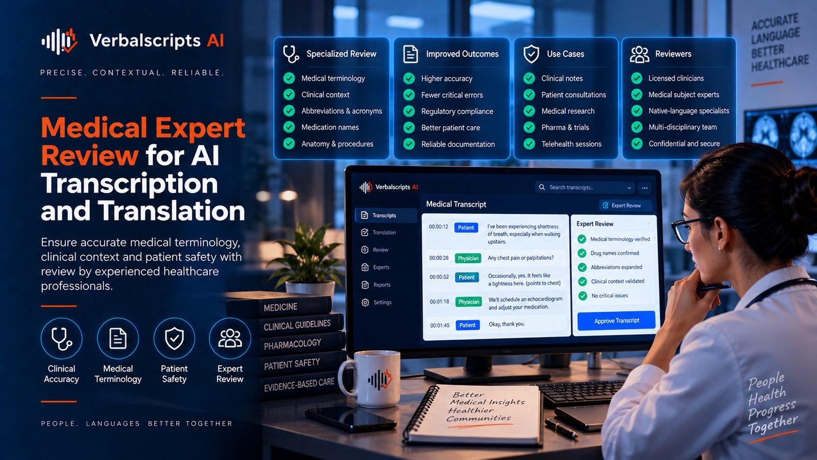 Premium editorial illustration representing medical expert review for ai transcription and translation with structured language data and quality review