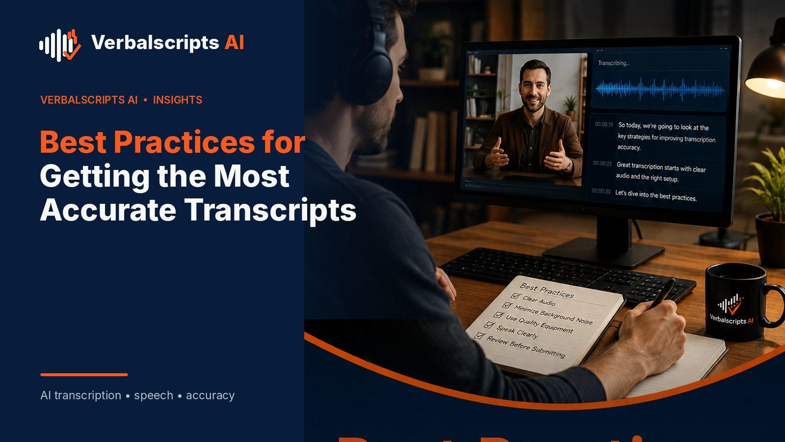 Editorial illustration for what affects ai transcription accuracy? showing a structured Verbalscripts AI speech/language workflow.