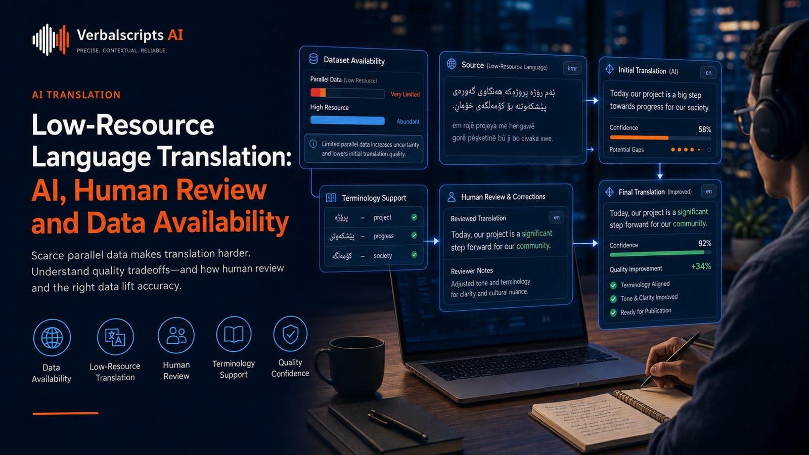 Low-resource speech recognition workflow showing limited training data, multilingual transfer, fine-tuning, native review and improved transcript quality
