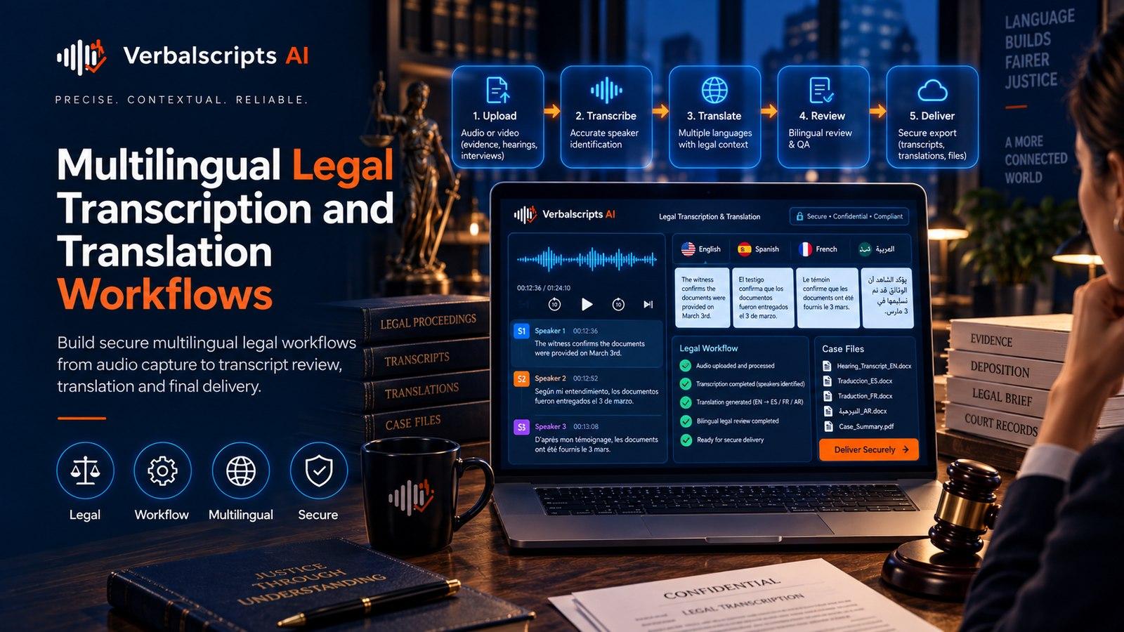 Multilingual Legal Transcription and Translation Workflows - Verbalscripts AI workflow illustration