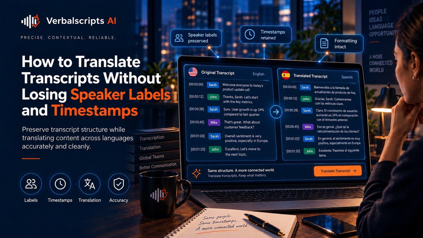 How to Translate Transcripts Without Losing Speaker Labels and Timestamps - Verbalscripts AI workflow illustration