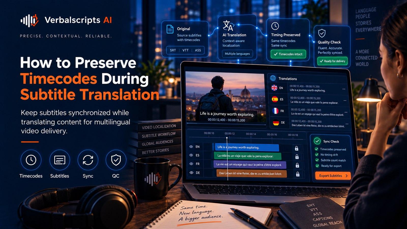 How to Preserve Timecodes During Subtitle Translation - Verbalscripts AI workflow illustration