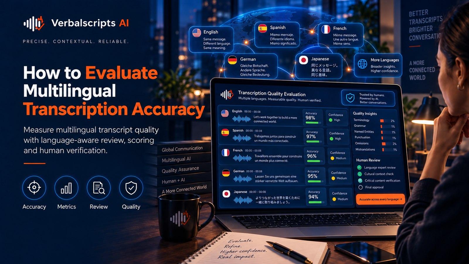 How to Evaluate Multilingual Transcription Accuracy - Verbalscripts AI workflow illustration