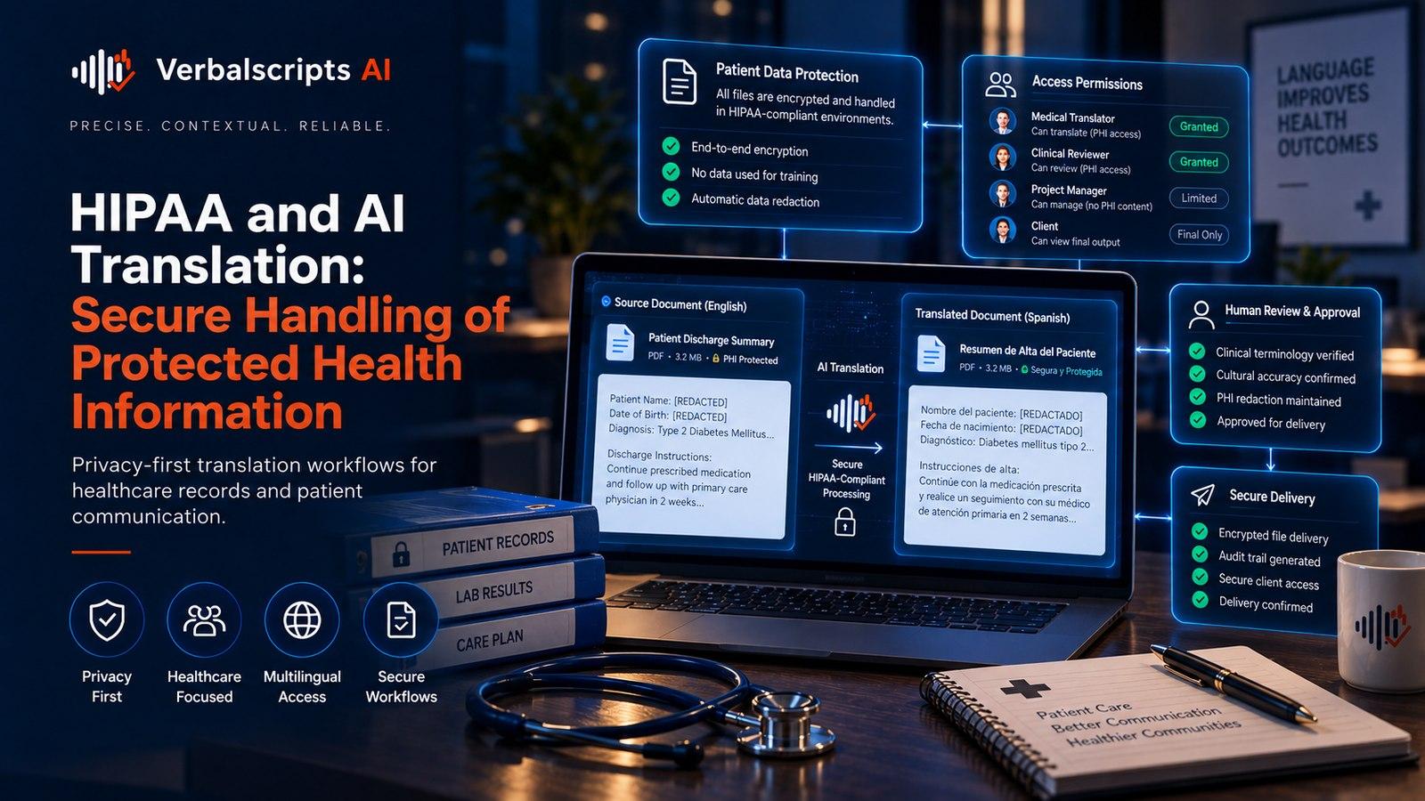 HIPAA and AI Translation: Secure Handling of Protected Health Information - Verbalscripts AI workflow illustration