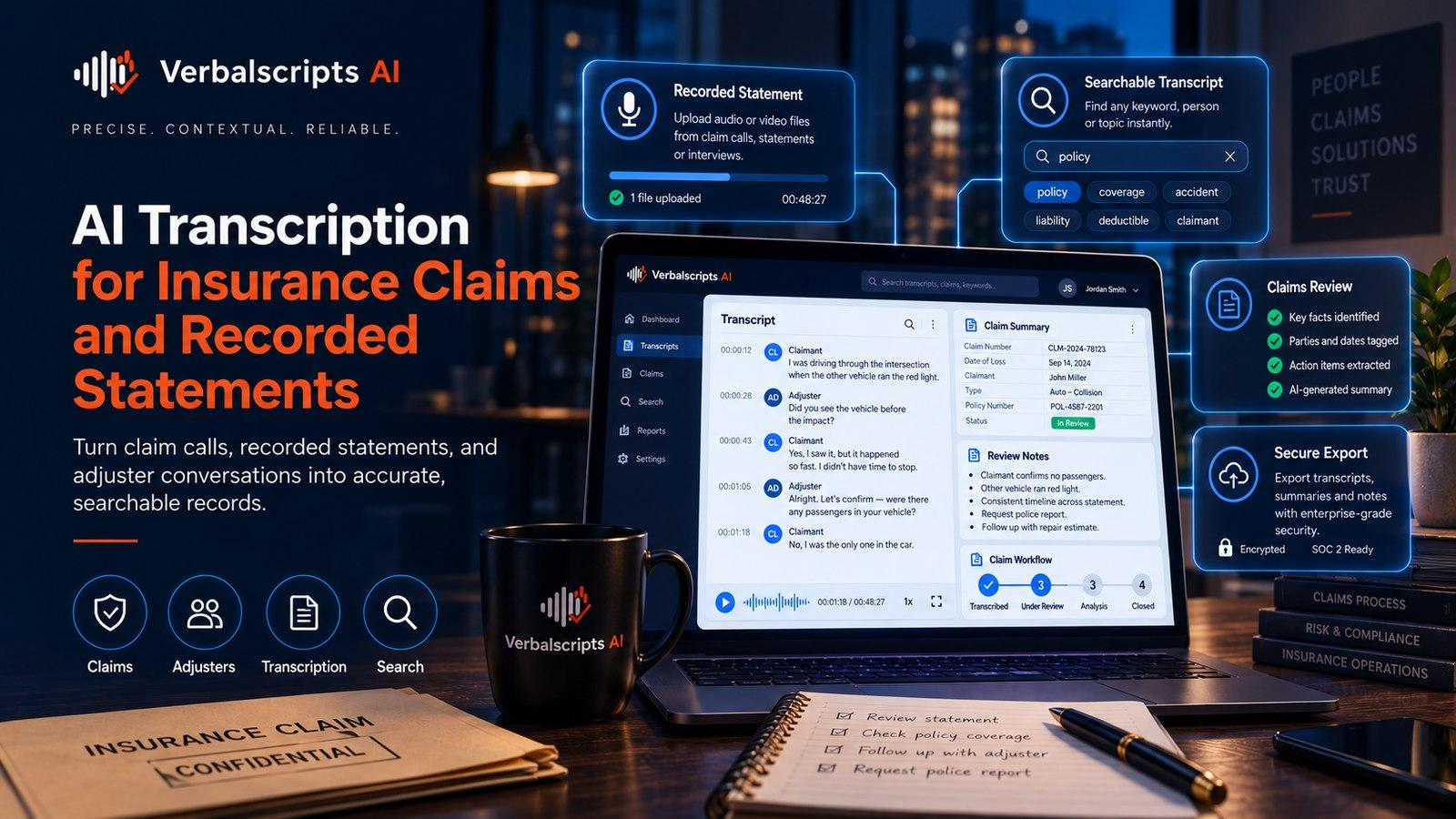 AI Transcription for Insurance Claims and Recorded Statements - Verbalscripts AI workflow illustration