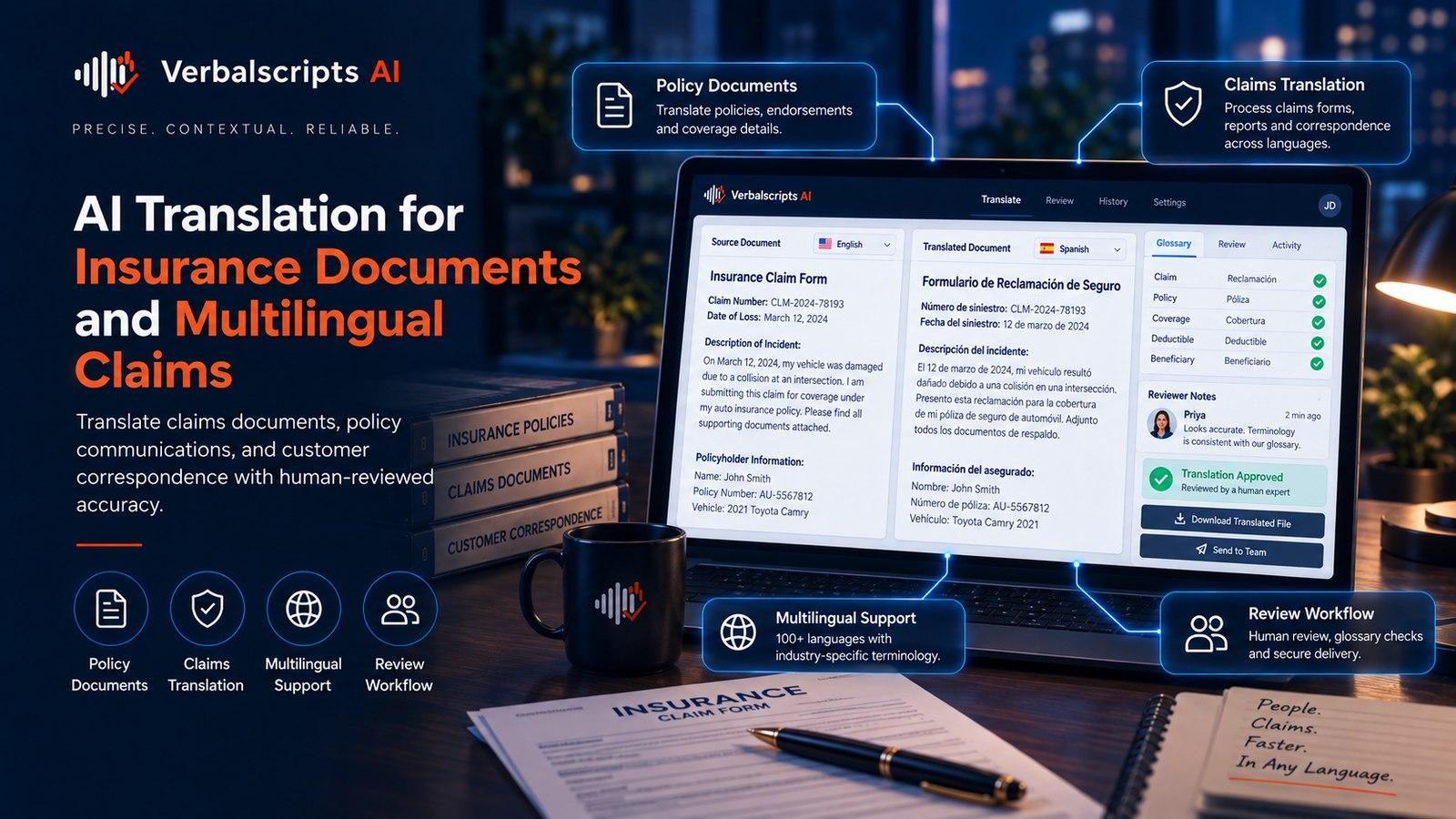 AI Translation for Insurance Documents and Multilingual Claims - Verbalscripts AI workflow illustration