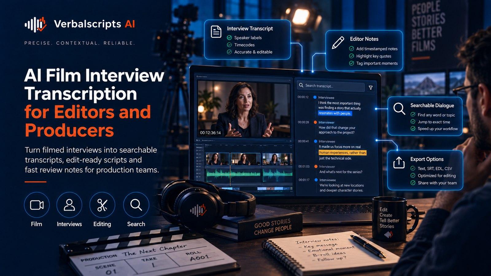 AI Film Interview Transcription for Editors and Producers - Verbalscripts AI workflow illustration