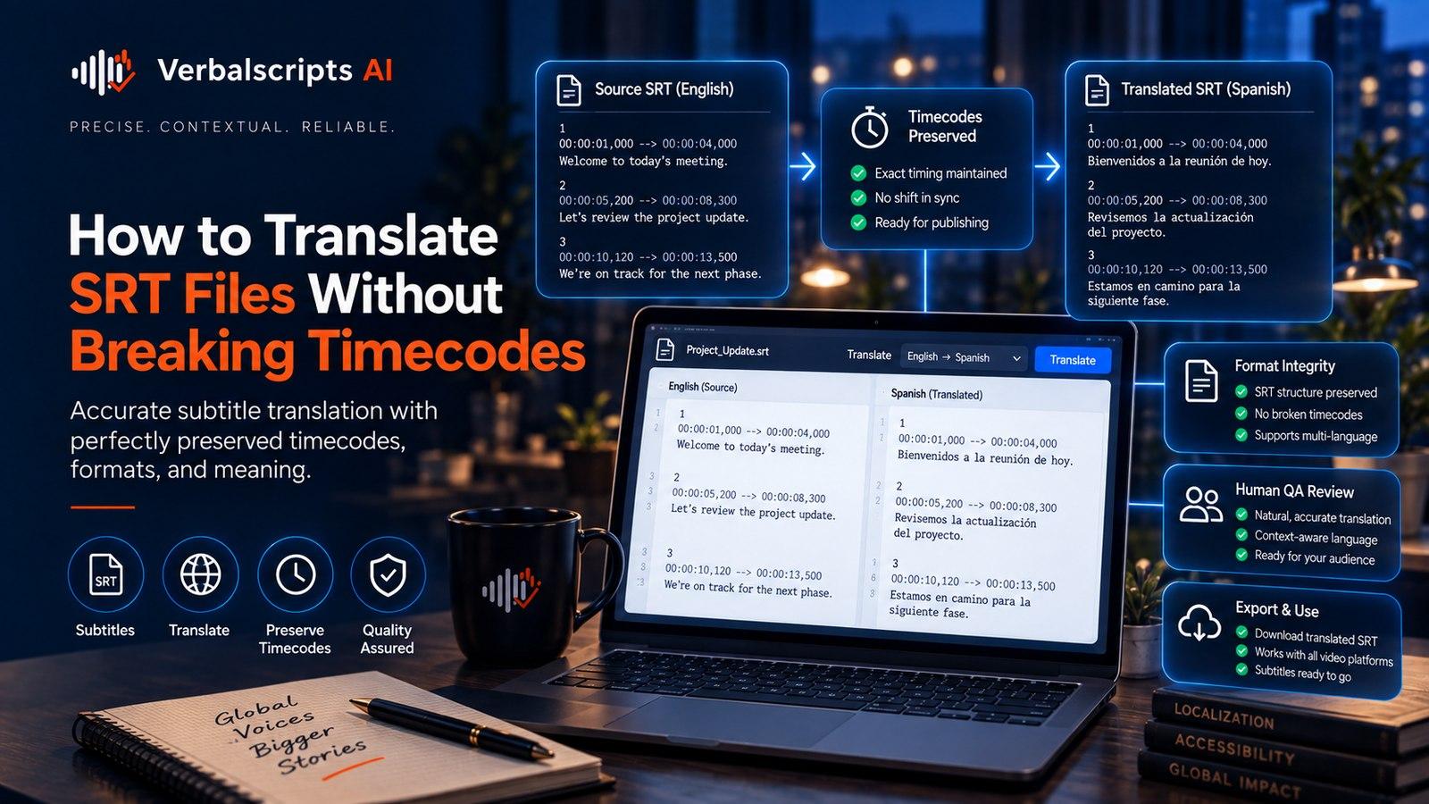 How to Translate SRT Files Without Breaking Timecodes - Verbalscripts AI workflow illustration