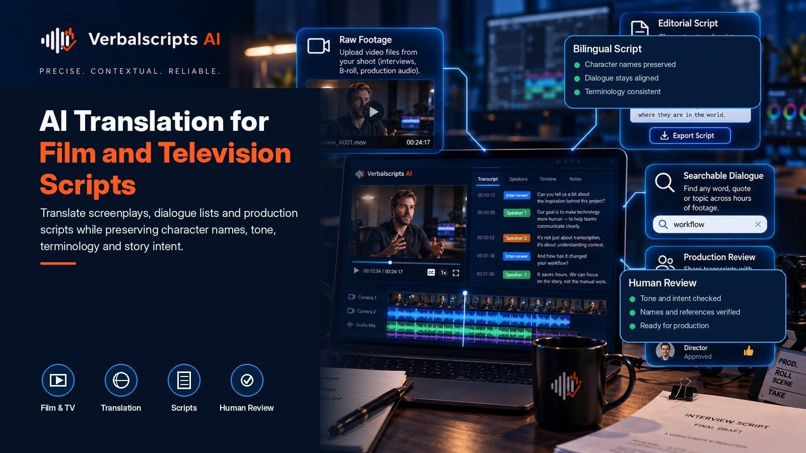 AI Translation for Film and Television Scripts - Verbalscripts AI workflow illustration