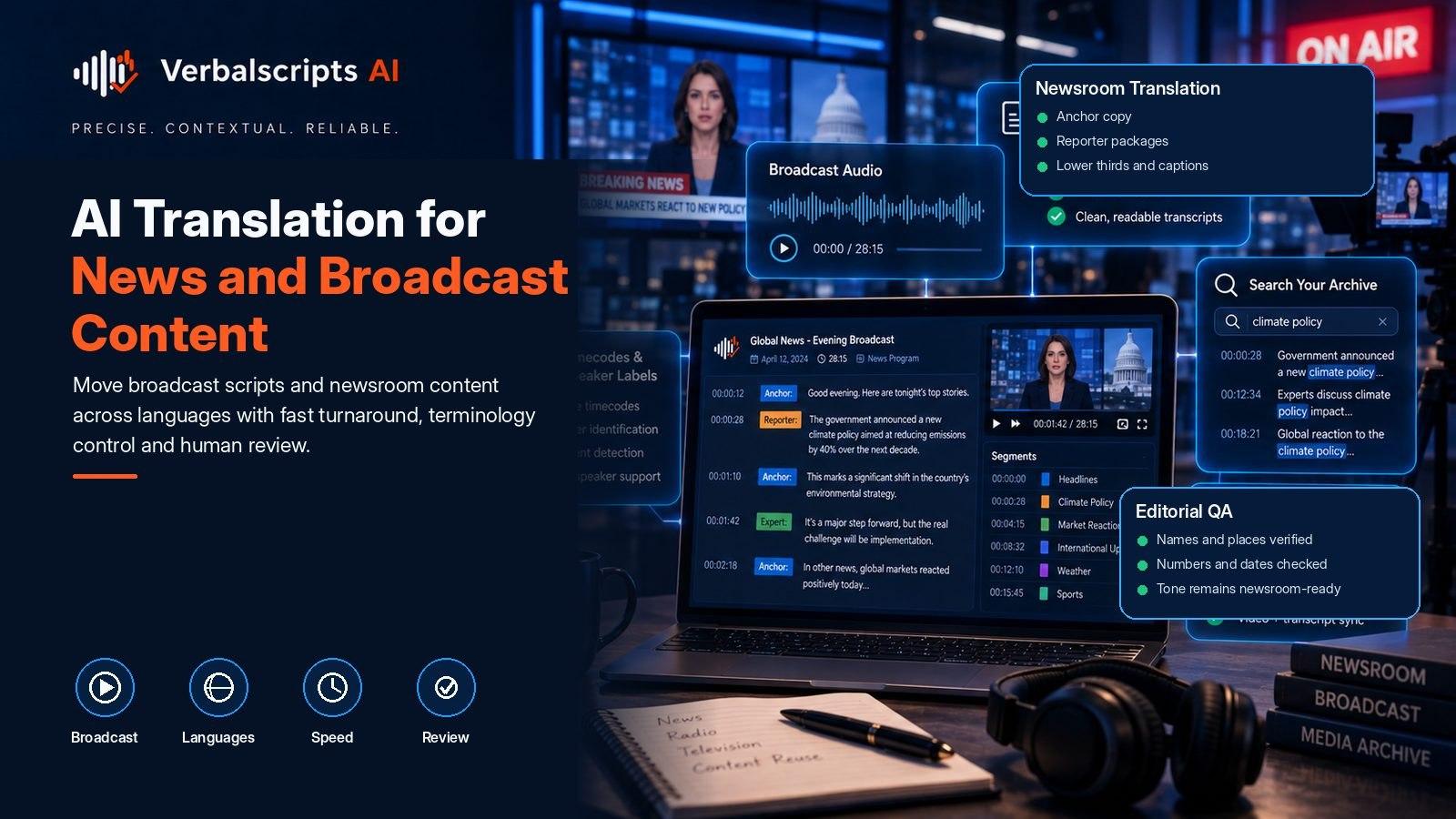 AI Translation for News and Broadcast Content - Verbalscripts AI workflow illustration