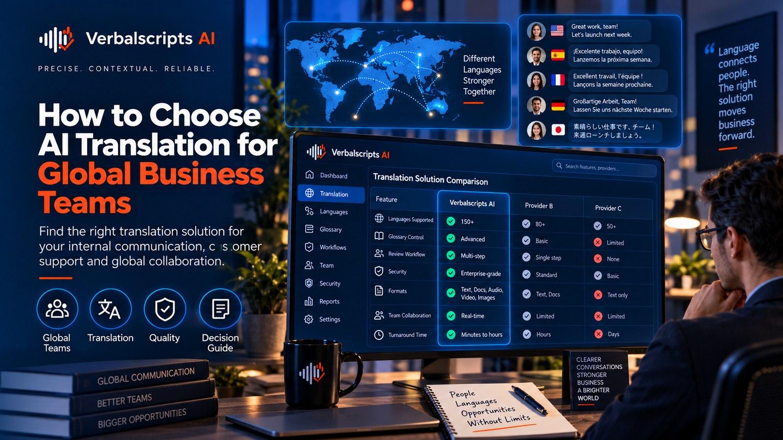 Premium editorial illustration representing ai translation for global customer support with structured language data and quality review