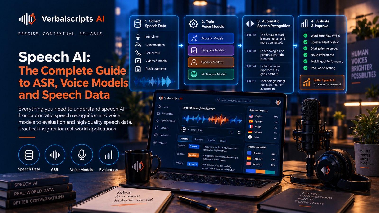 Premium editorial illustration representing speech ai with structured language data and quality review