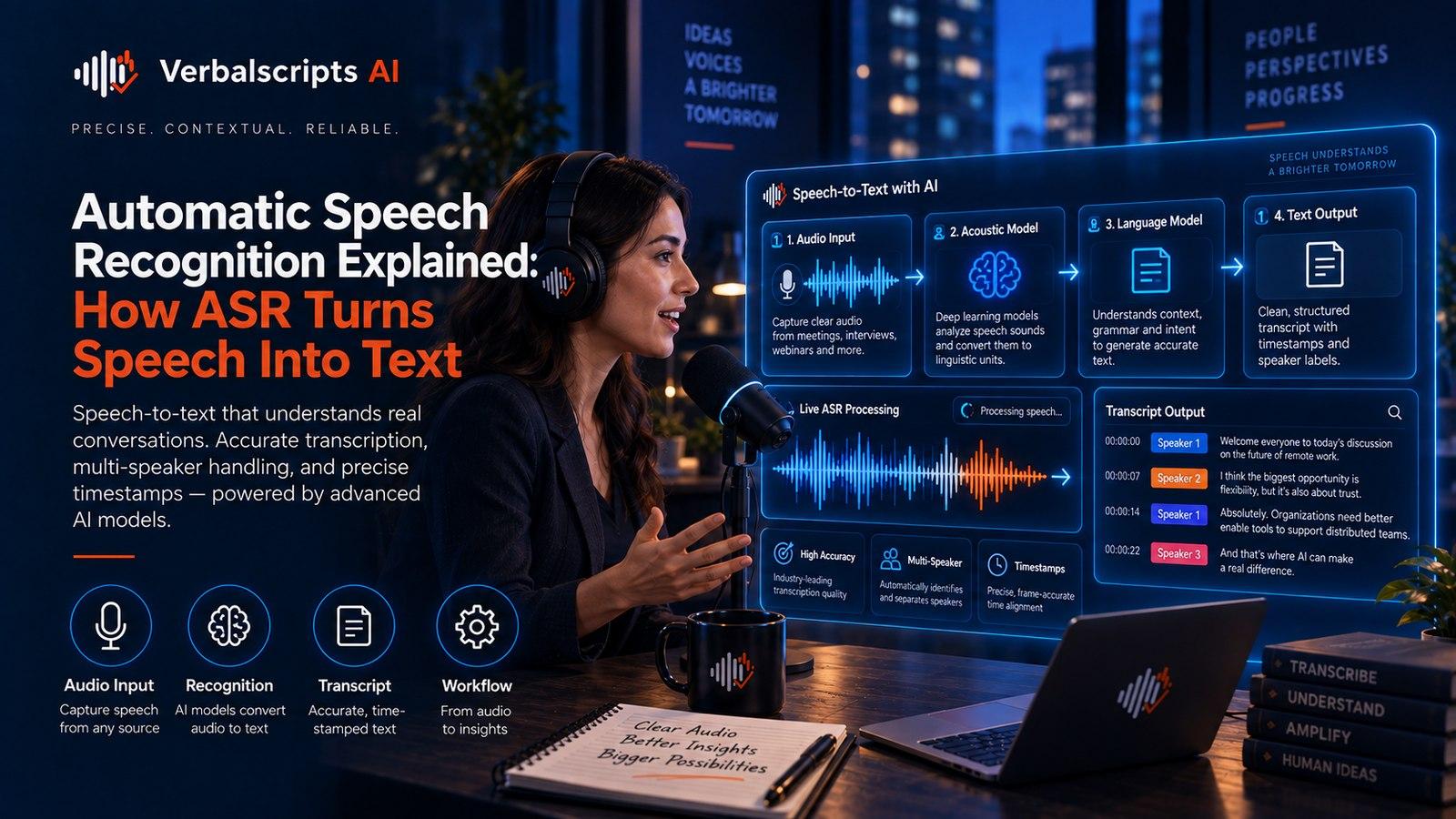 Premium editorial illustration representing automatic speech recognition with structured language data and quality review