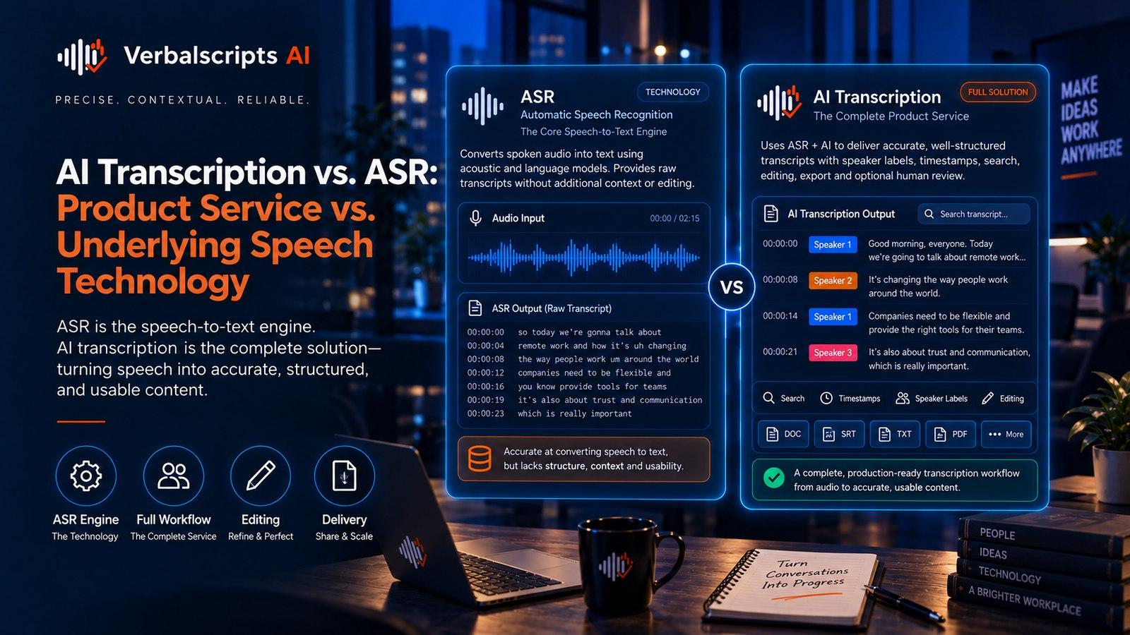 Premium editorial illustration representing ai transcription vs. asr with structured language data and quality review