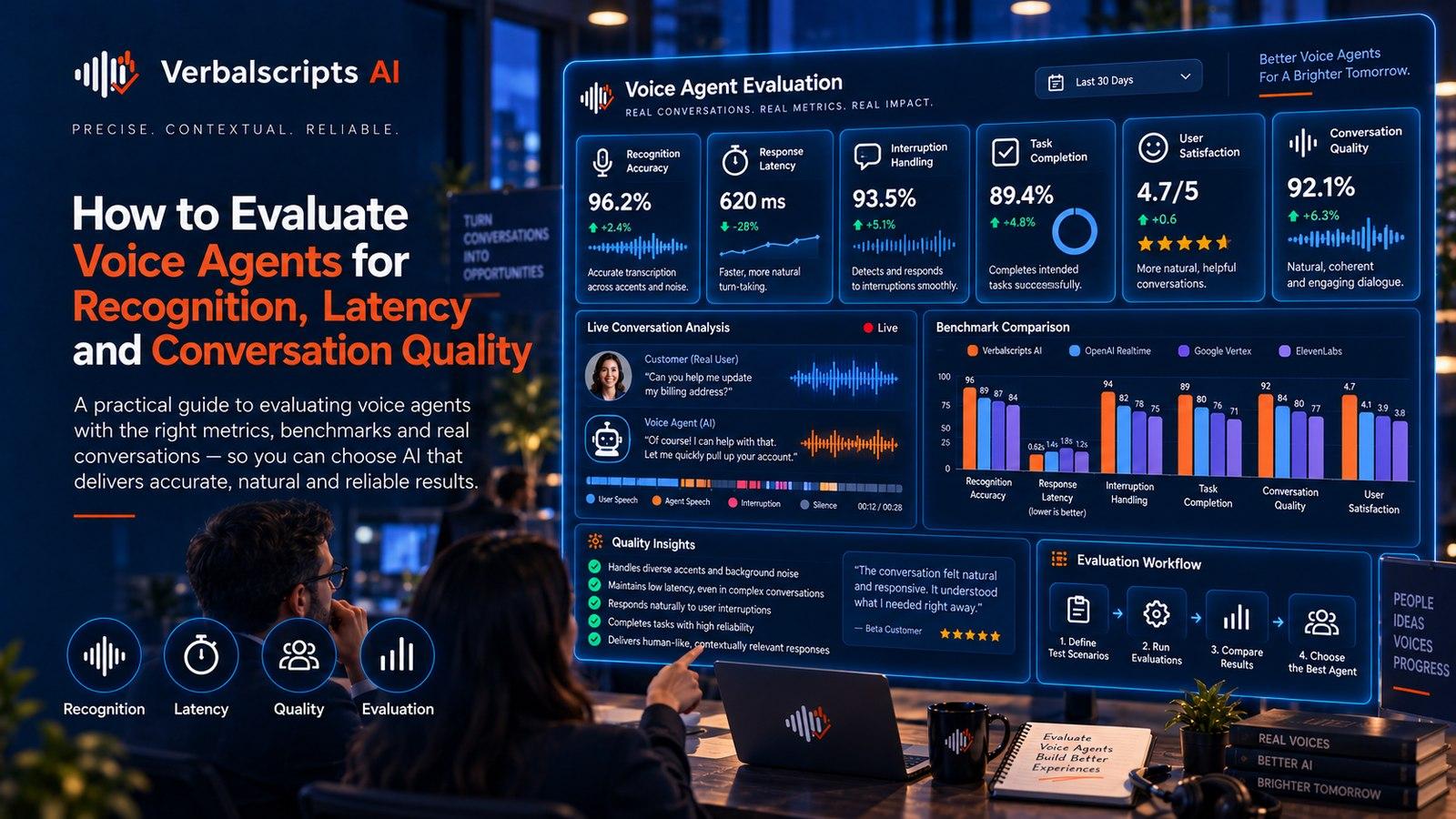 Premium editorial illustration representing how to evaluate voice agents for recognition, latency and conversation quality with structured language data and quality review