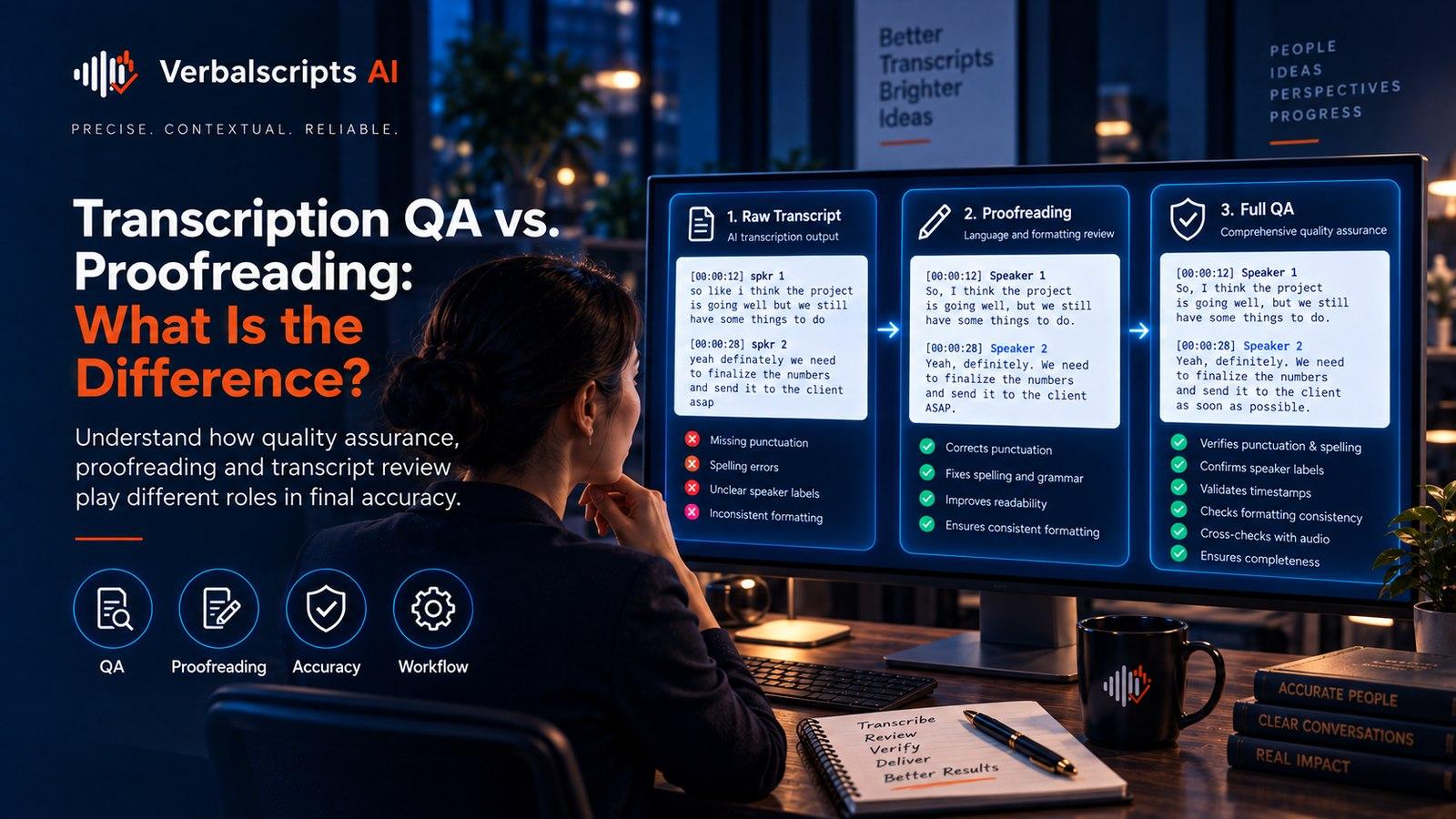 Premium editorial illustration representing transcription qa vs. proofreading with structured language data and quality review