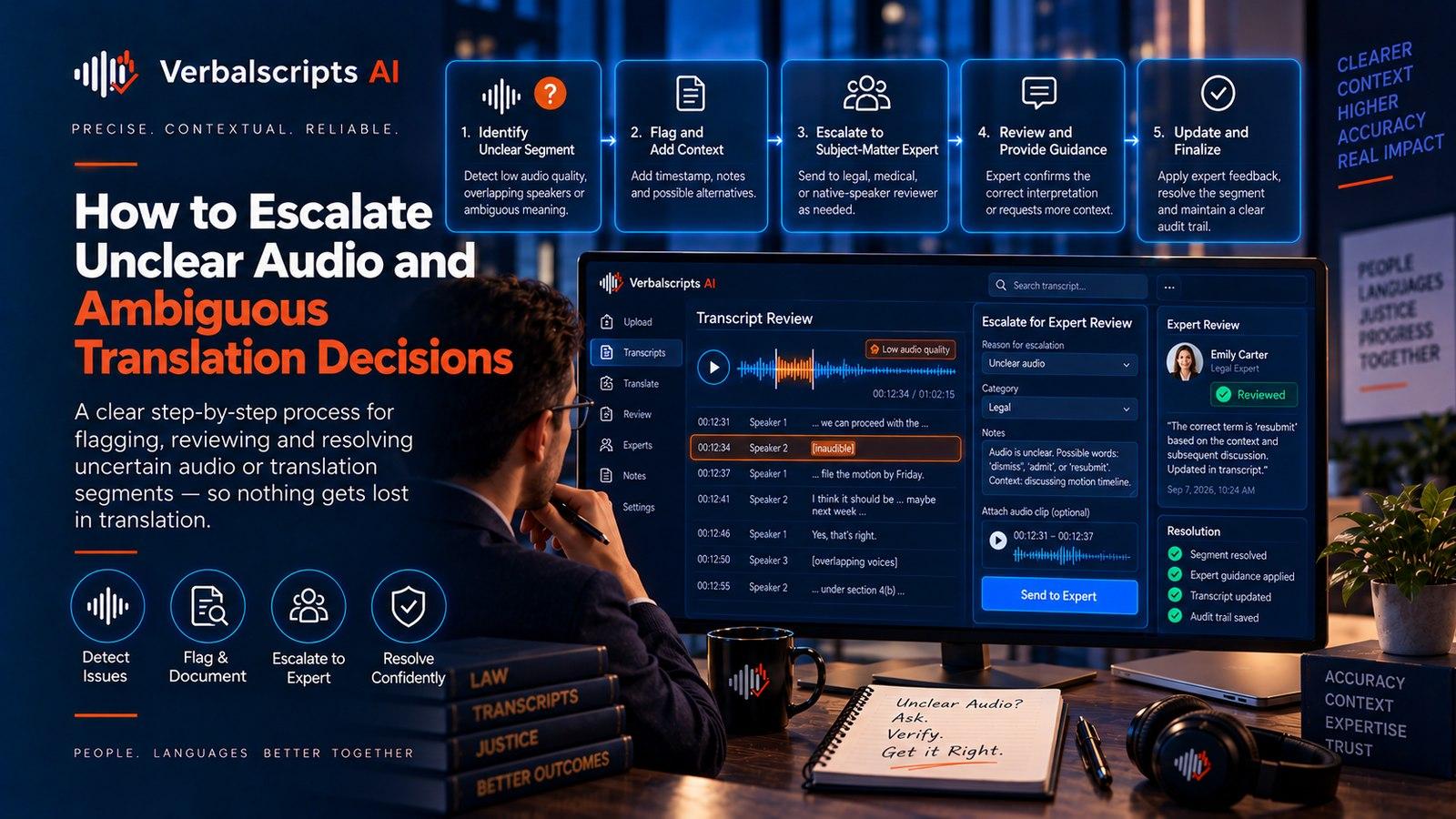 Premium editorial illustration representing how to escalate unclear audio and ambiguous translation decisions with structured language data and quality review